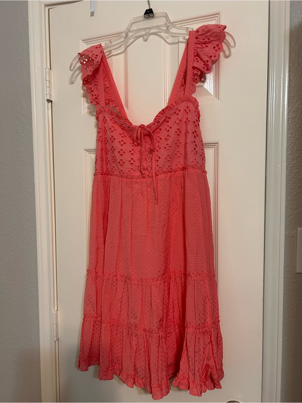 Altar'd State Coral Eyelet Ruffle Mini Dress